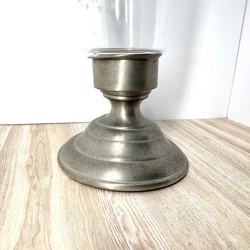 Vintage Americana Eagle Stars Glass Hurricane Candle Holder Pewter Tone Base